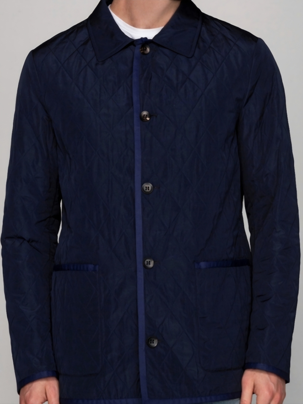 ALEGRI Quilted Italian Puffer Utility Jacket Coat Navy W/ Leather Collar 46/XL